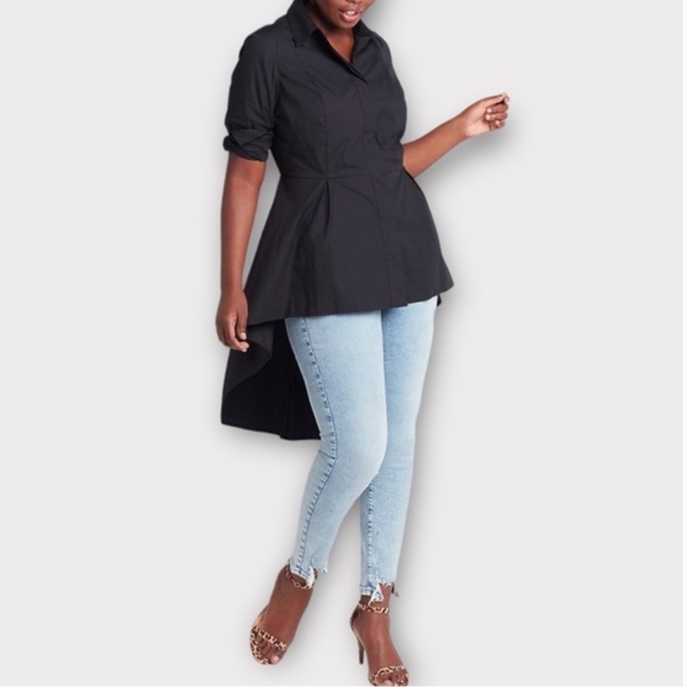 Lane Bryant Black Extreme High-Low Peplum Long Sleeve Button Front Tunic 26 / 4X
